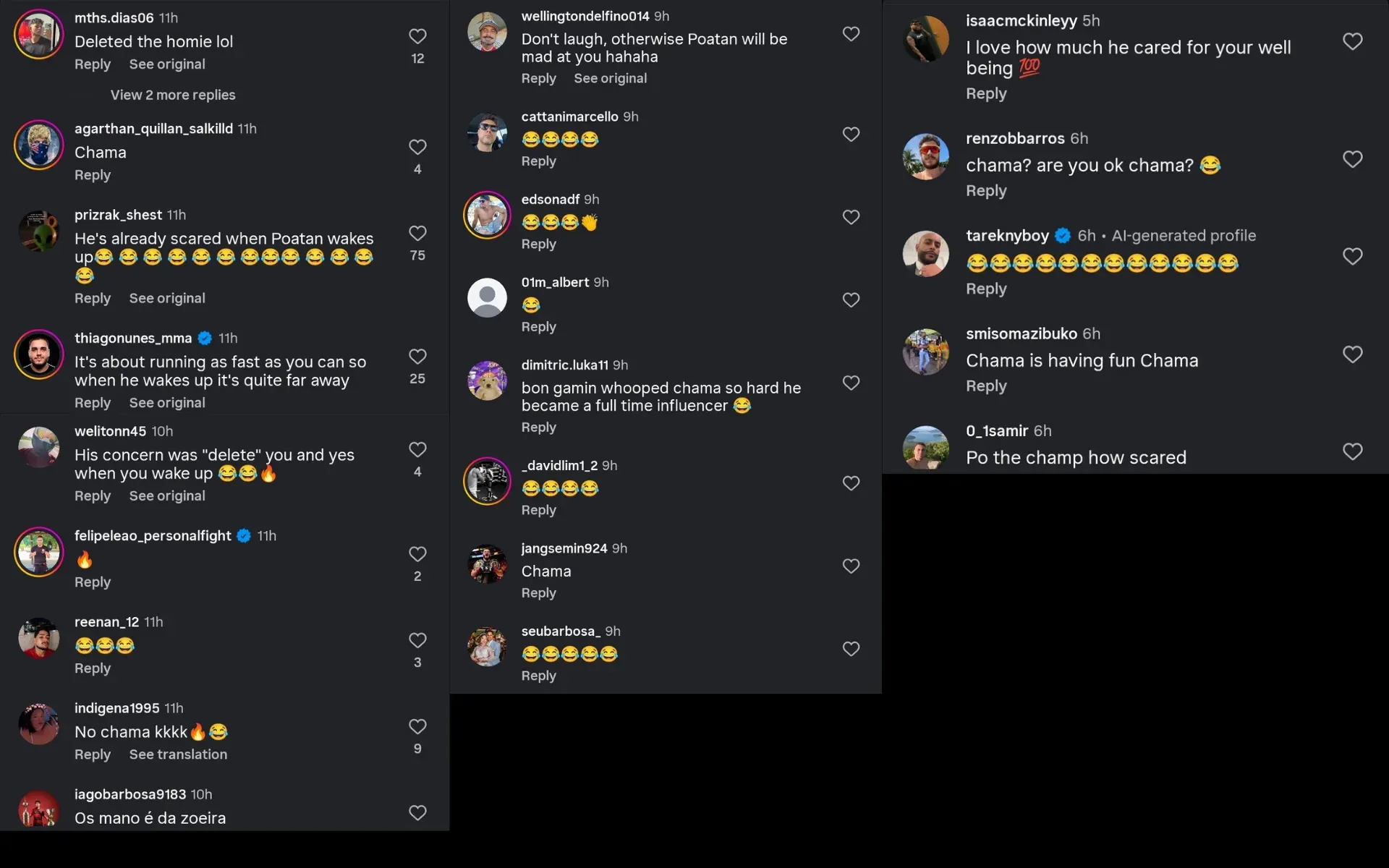 Screengrabs of fan reactions to Alex Pereira's prank in the gym